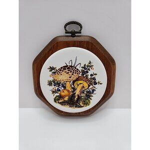 1970s Mushroom Decorated Trivet Wall Hanger Wood Ceramic